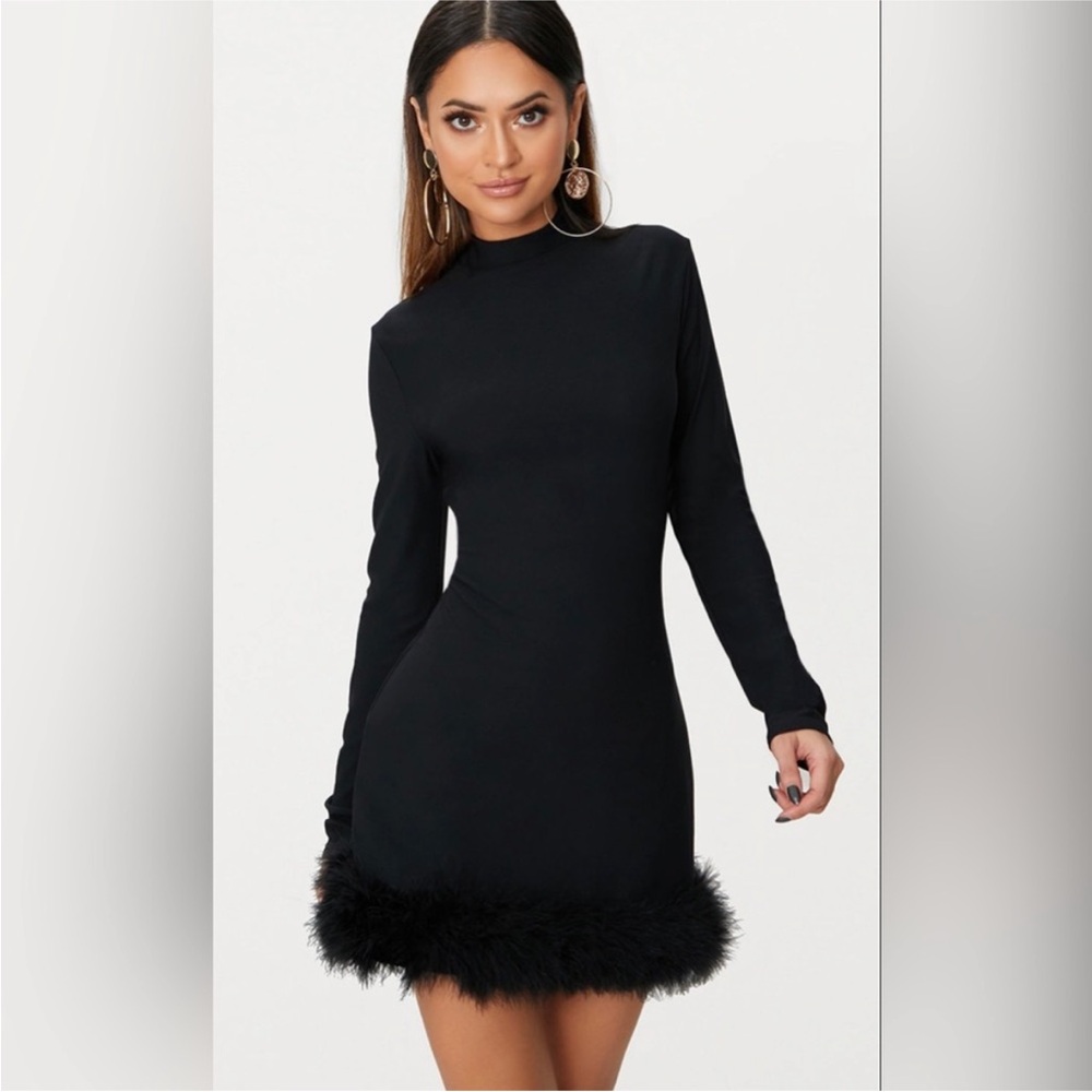 PrettyLittleThing Black Long Sleeve Mini Dress with Feather Hem